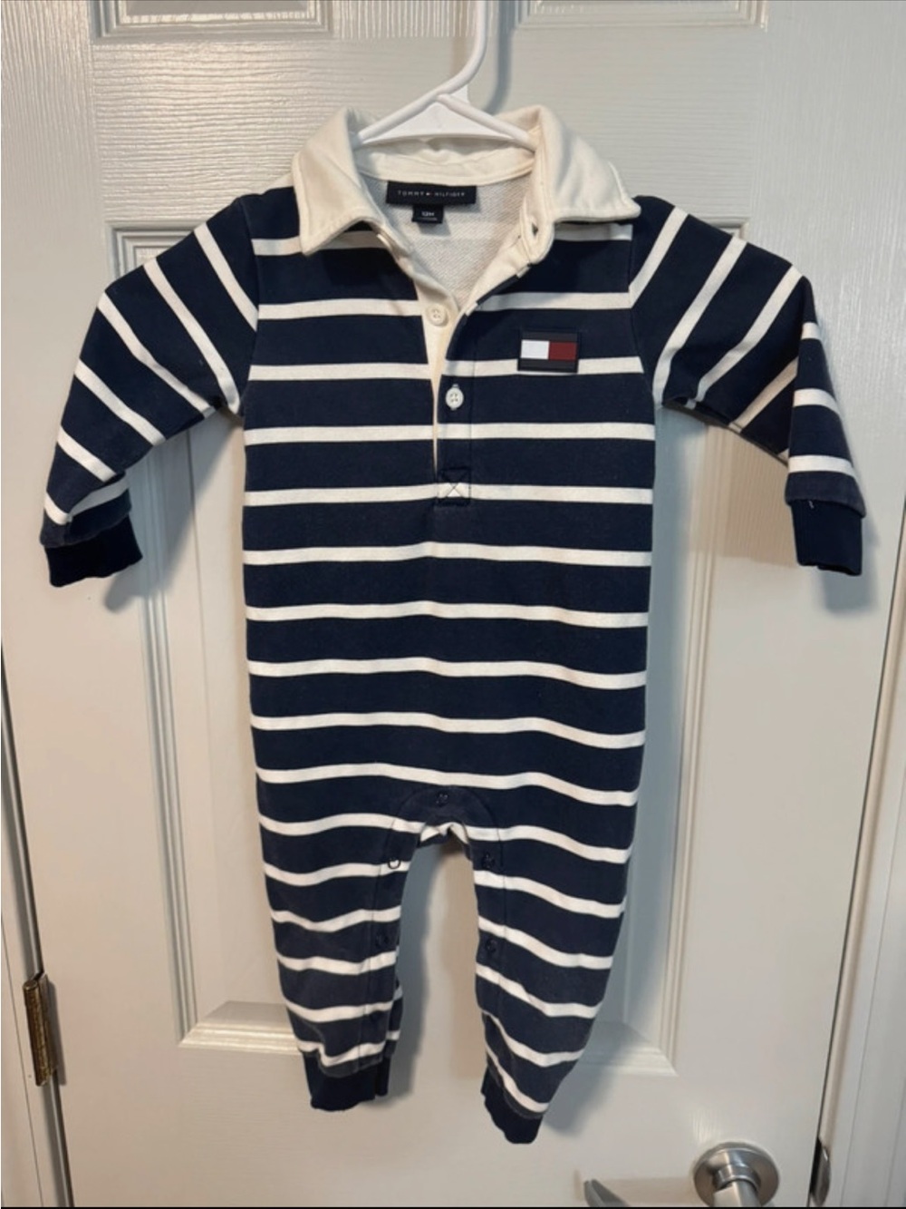 Tommy Hilfiger Navy & White Striped Infant Footie with Polo Collar